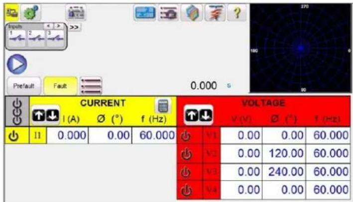 Input 1 2 3 Prefault Fault 0.000 s CURRENT VOLTAGE I (A) Ø (°) f (Hz) II 0.000 0.00 60.000 V1 0.00 0.00 60.000 V2 0.00 120.00 60.000 V3 0.00 240.00 60.000 V4 0.00 0.00 60.000