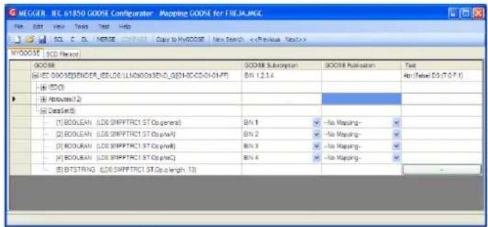 MEGGER: IEC 61850 GOOSE Configurator - Mapping GOOSE for FILEA.MGC File Edit View Tools Test Help SQL C DL MERCE COPY DATE Copy to MyGOOSE New Search > MYGOOSE SCD File and GOOSE [EC 00/00]BENDER [ED/LDO/LLDN00s3END_G014-CC-02-04-01-PT] BN 1.2.1.4 [ED(C)] [Arbitest(2)] [Data(8)] [1] BOOLEAN (LDE SNMPTRC1 ST Op general) BN 1 [2] BOOLEAN (LDE SNMPTRC1 ST Op phA) BN 2 [3] BOOLEAN (LDE SNMPTRC1 ST Op phB) BN 3 [4] BOOLEAN (LDE SNMPTRC1 ST Op phC) BN 4 [5] BITSTRING (LDE SNMPTRC1 ST Op length, 13) GOOSE Subscription GOOSE Publication Test An(False D3/T0 F1) -No Mapping- -No Mapping- -No Mapping- -No Mapping- -