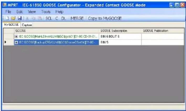 MPRT IEC-61850 GOOSE Configurator - Expanded Contact GOOSE Mode File Edit View Tools Help SCL C DL MERGE Copy to MyGOOSE My GOOSE Capture GOOSE + IEC GOOSE[MainLDinstLLN0@GO]gpcb01]D1-0C-CD-01-01... + IEC GOOSE[BackupCFG ALLN0@GO]SnoseDS=14[D1-0C- GOOSE Subscription GOOSE Publication BIN 6 BOUT 6 BIN 5