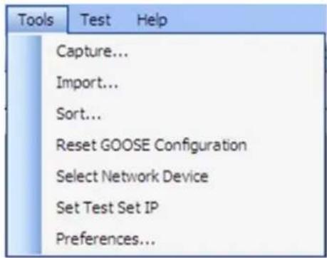 Tools Test Help Capture... Import... Sort... Reset GOOSE Configuration Select Network Device Set Test Set IP Preferences...
