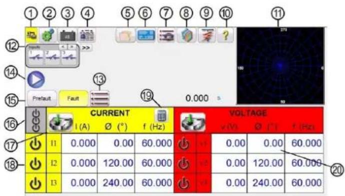 1 2 3 4 5 6 7 8 9 10 11 12 Inputs >> 13 14 Play 15 Prefaut Fault 19 0.000 s 16 CURRENT VOLTAGE I (A) Ø (°) f (Hz) v(V) Ø [T] f (Hz) 17 I1 0.000 0.00 60.000 I +0 0.00 0.00 60.000 18 I2 0.000 120.00 60.000 I +2 0.00 120.00 60.000 19 I3 0.000 240.00 60.000 I +4 0.00 240.00 60.000