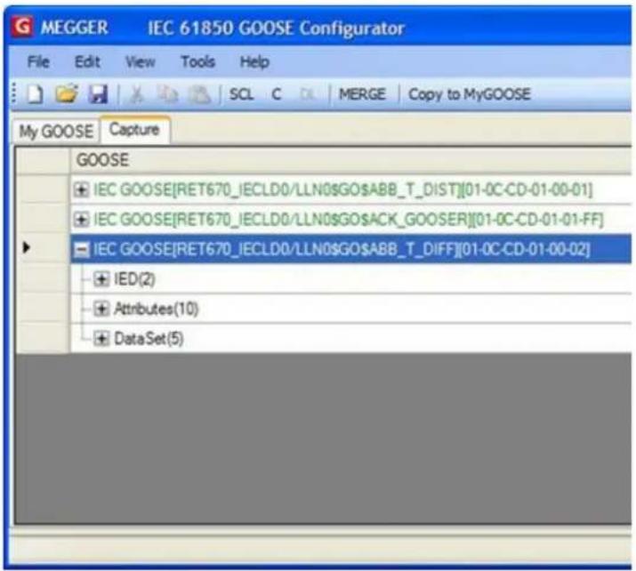 MEGGER IEC 61850 GOOSE Configurator File Edit View Tools Help SCL C MERGE Copy to MyGOOSE My GOOSE Capture GOOSE + IEC GOOSE[RET670_IECLD0/LLN0GOABB_T_DIST][01-0C-CD-01-00-01] + IEC GOOSE[RET670_IECLD0/LLN0GOACK_GOOSER][01-0C-CD-01-01-FF] + IEC GOOSE[RET670_IECLD0/LLN0GOABB_T_DIFF][01-0C-CD-01-00-02] + IED(2) + Attributes(10) + DataSet(5)