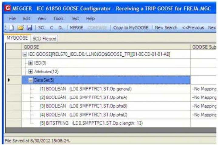 MEGGER IEC 61850 GOOSE Configurator - Receiving a TRIP GOOSE for FREJA.MGC File Edit View Tools Test Help SCL C DL MERGE COMPARE Copy to MyGOOSE New Search <