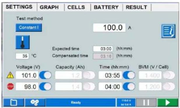 SETTINGS GRAPH CELLS BATTERY RESULT Test method Constant I 100.0 A Expected time 35 °C 03:00 (hh:mm) Compensated time 03:16 (hh:mm) Voltage (V) Capacity (Ah) Time (hh:mm) BVM (V / Cell) 101.0 1.2 03:55 1.400 98.0 1.4 04:00 1.200 Ready 1150 V 86 GB A