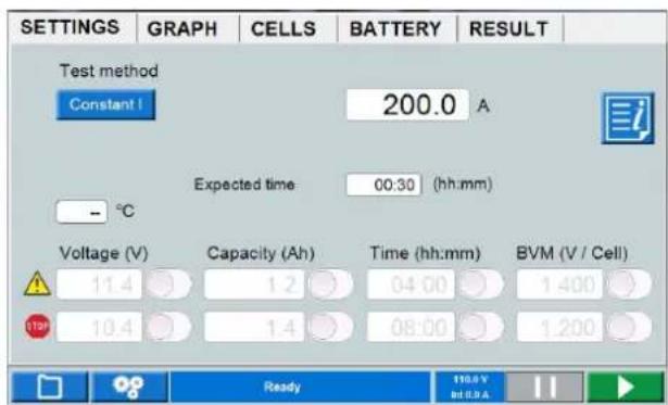 SETTINGS GRAPH CELLS BATTERY RESULT Test method Constant! 200.0 A Expected time 00:30 (hh:mm) - °C Voltage (V) Capacity (Ah) Time (hh:mm) BVM (V / Cell) 11.4 1.2 04:00 1.400 10.4 1.4 08:00 1.200 Ready 110.5 V BULU.A