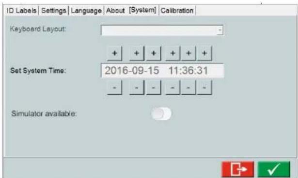 ID Labels Settings Language About [System] Calibration Keyboard Layout: + + + + + + Set System Time: 2016-09-15 11:36:31 Simulator available: