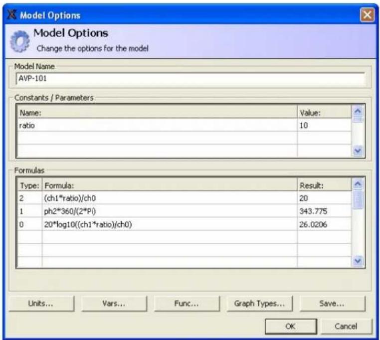 Model Options Change the options for the model Model Name AVP-101 Constants / Parameters Name: value: ratio 10 Formulas Type: Formula: Result: 2 (ch1*ratio)/ch0 20 1 ph2*360/(2*PI) 343.775 0 20*log10((ch1*ratio)/ch0) 26.0206 Units... Vars... Func... Graph Types... Save... OK Cancel