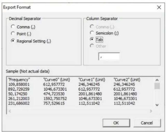 Export Format Decimal Separator ○ Comma (,) ○ Point (,) ● Regional Setting (,) Column Separator ○ Comma (,) ○ Semicolon (,) ● Tab ○ Other , Sample (Not actual data) "Frequency" "Curve0" (Unit) "Curve1" (Unit) "Curve2" (Unit) 109,858001 612,957772 246,346245 246,346245 892,729259 1046,673301 612,957772 612,957772 50,174250 474,723530 2001,861480 2001,861480 261,212003 1592,750752 1046,673301 1046,673301 231,686002 757,529615 112,511042 112,511042 < OK Cancel