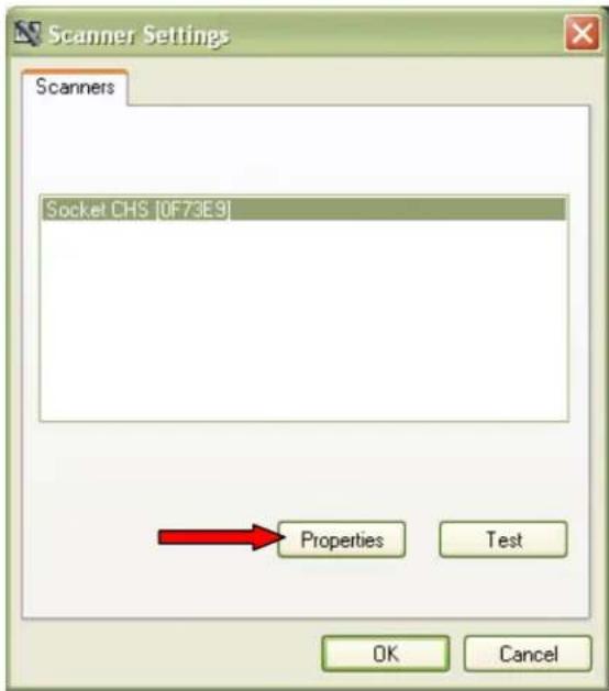 Scanner Settings Scanners Socket CHS [0F73E9] Properties Test OK Cancel