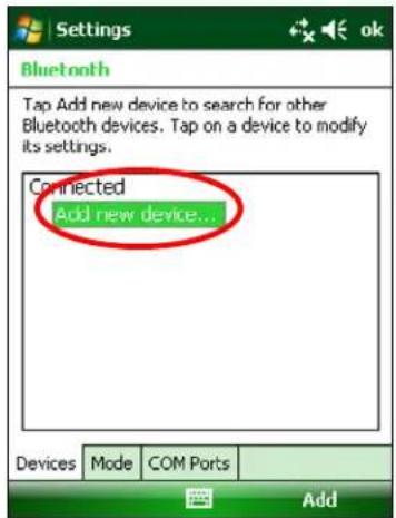Settings Bluetooth Tap Add new device to search for other Bluetooth devices. Tap on a device to modify its settings. Connected add new device... Devices Mode COM Ports Add