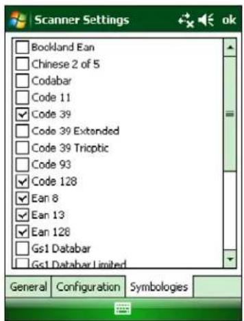 Scanner Settings Bookland Ean Chinese 2 of 5 Codabar Code 11 Code 39 Code 39 Extended Code 39 Trioptic Code 93 Code 128 Ean 8 Ean 13 Ean 128 Gs1 Databar Gs1 Databar Limited General Configuration Symbologies