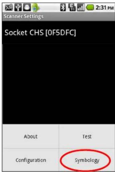 Scanner Settings Socket CHS [0F5DFC] About Test Configuration Symbology