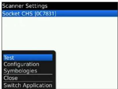 Scanner Settings Socket CHS [0C7831] Test Configuration Symbologies Close Switch Application