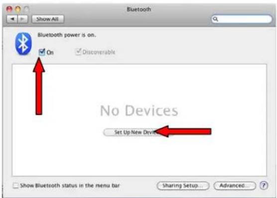 Bluetooth Show All Bluetooth power is on. On Discoverable No Devices Set Up New Devi Show Bluetooth status in the menu bar Sharing Setup... Advanced...