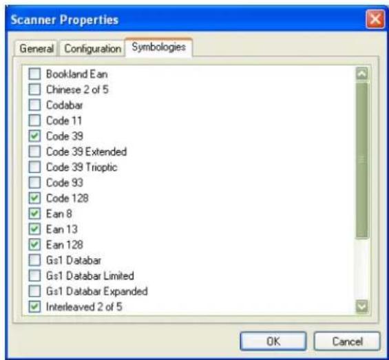 Scanner Properties General Configuration Symbologies Bookland Ean Chinese 2 of 5 Codabar Code 11 ✓ Code 39 Code 39 Extended Code 39 Trioptic Code 93 ✓ Code 128 ✓ Ean 8 ✓ Ean 13 ✓ Ean 128 Gs1 Databar Gs1 Databar Limited Gs1 Databar Expanded ✓ Interleaved 2 of 5 OK Cancel