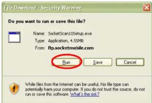 File Download - Security Warning Do you want to run or save this file? Name: SocketScan10Setup.exe Type: Application, 4.55MB From: ftp.socketmobile.com Run Save Cancel While files from the Internet can be useful, this file type can potentially harm your computer. If you do not trust the source, do not run or save this software. What's the risk?