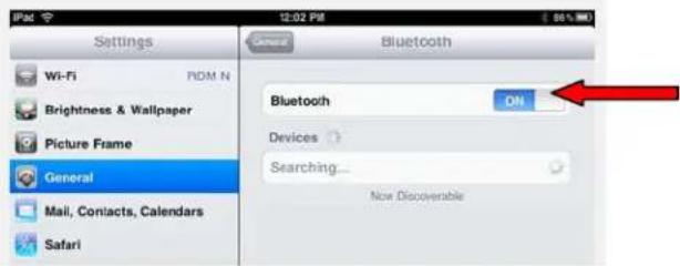 Settings Wi-Fi Brightness & Wallpaper Picture Frame General Mail, Contacts, Calendars Safari Bluetooth ON Bluetooth Devices Searching... Now Discoverable