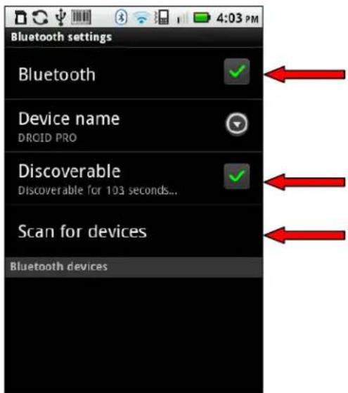 Bluetooth settings Bluetooth Device name DROID PRO Discoverable Discoverable for 103 seconds... Scan for devices Bluetooth devices