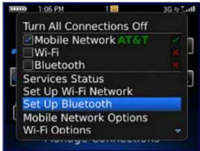 Turn All Connections Off ✓ Mobile Network AT&T ✓ ✓ Wi-Fi ✗ ✓ Bluetooth ✗ Services Status Set Up Wi-Fi Network Set Up Bluetooth Mobile Network Options Wi-Fi Options