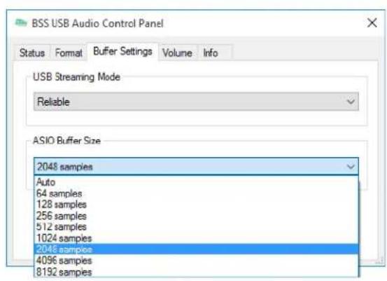 BSS USB Audio Control Panel Status Format Buffer Settings Volume Info USB Streaming Mode Reliable ASIO Buffer Size 2048 samples Auto 64 samples 128 samples 256 samples 512 samples 1024 samples 2048 samples 4096 samples 8192 samples