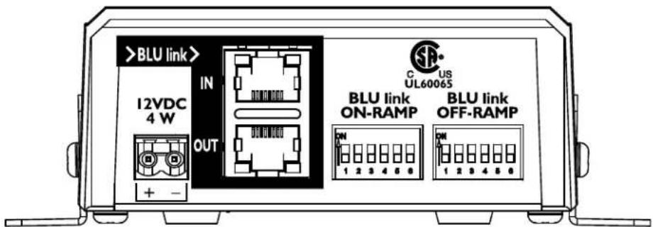 >BLU link> IN 12VDC 4 W OUT + - C US UL60065 BLU link ON-RAMP BLU link OFF-RAMP ON 1 2 3 4 5 6 ON 1 2 3 4 5 6
