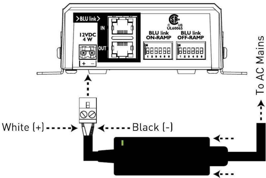 >BLU link> IN 12VDC 4 W OUT + - BLU link ON-RAMP C US UL60065 BLU link OFF-RAMP 1 2 3 4 5 6 White (+) Black (-) To AC Mains