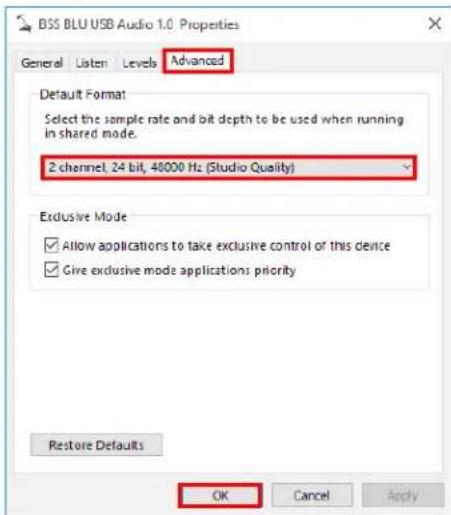 BSS BLU USB Audio 1.0 Properties General Listen Levels Advanced Default Format Select the sample rate and bit depth to be used when running in shared mode. 2 channel, 24 bit, 48000 Hz (Studio Quality) Exclusive Mode ✓ Allow applications to take exclusive control or this device ✓ Give exclusive mode applications: priority Restore Defaults OK Cancel Apply