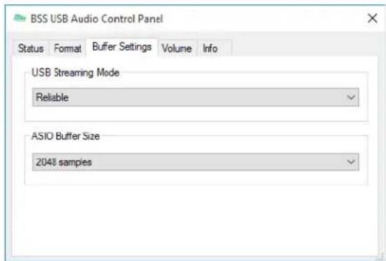 BSS USB Audio Control Panel Status Format Buffer Settings Volume Info USB Streaming Mode Reliable ASIO Buffer Size 2048 samples