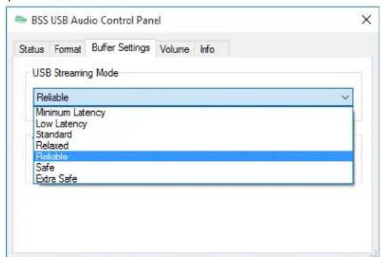 BSS USB Audio Control Panel Status Format Buffer Settings Volume Info USB Streaming Mode Reliable Minimum Latency Low Latency Standard Relaxed Reliable Safe Extra Safe