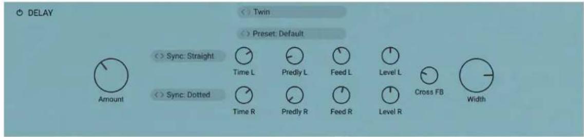 DELAY << Twin << Preset: Default << Sync: Straight Time L Predly L Feed L Level L Cross FB Width << Sync: Dotted Time R Predly R Feed R Level R