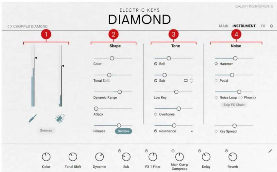 ELECTRIC KEYS DIAMOND CHOPPED DIAMOND MAIN INSTRUMENT FX 1 2 Shape Color Tonal Shift Dynamic Range Attack Release Sample 3 Tone Bell Sub C2 Low Key Overtones Resonance Noise Hammer Pedal Noise Loop <> Phoenix Skip FX Chain Key Spread Sources Color Tonal Shift Dynamic Sub FX 1 Filter Main Comp Compress Delay Reverb