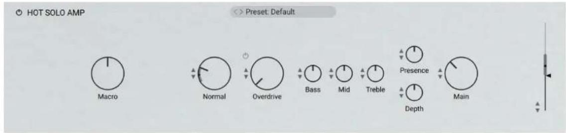 HOT SOLO AMP <> Preset. Default Macro Normal Overdrive Bass Mid Treble Presence Depth Main