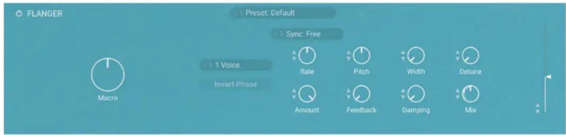 FLANGER Preset: Default Sync: Free 1 Voice Invert Phase Rate Pitch Width Detune Amount Feedback Damping Mix