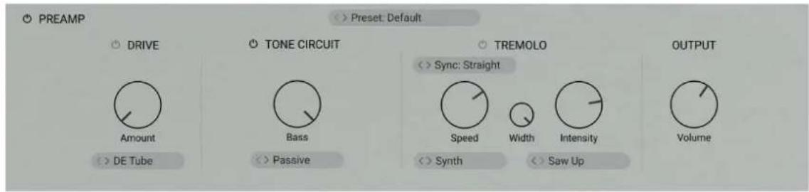 PREAMP DRIVE DE Tube TONE CIRCUIT Bass Passive TREMOLO Sync: Straight Speed Width Intensity Synth Saw Up OUTPUT Volume