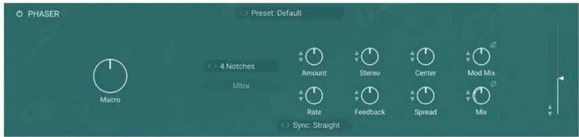PHASER Preset: Default Macro 4 Notches Ultra Amount Stereo Center Mod Mix Rate Feedback Spread Mix Sync: Straight