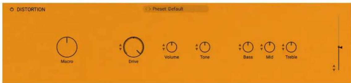 DISTORTION -> Preset. Default Macro Drive Volume Tone Bass Mid Treble