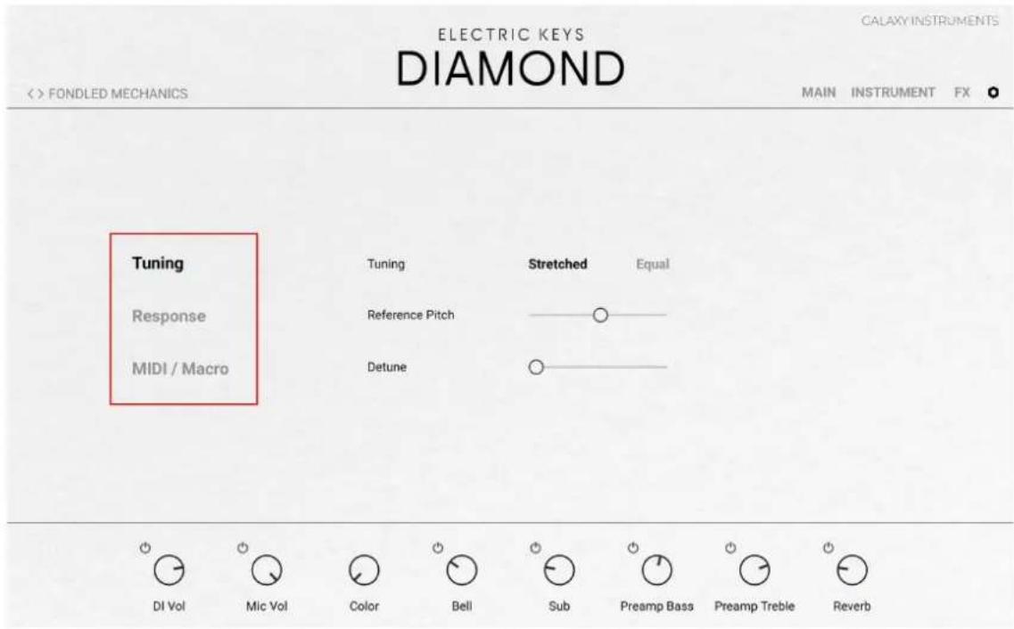 ELECTRIC KEYS DIAMOND CALAXY INSTRUMENTS << FONDLED MECHANICS MAIN INSTRUMENT FX Tuning Response MIDI / Macro Tuning Stretched Equal Reference Pitch Detune DI Vol Mic Vol Color Bell Sub Preamp Bass Preamp Treble Reverb
