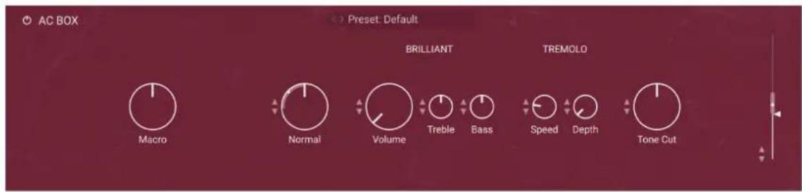 AC BOX Preset: Default BRILLIANT TREMOLO Macro Normal Volume Treble Bass Speed Depth Tone Cut