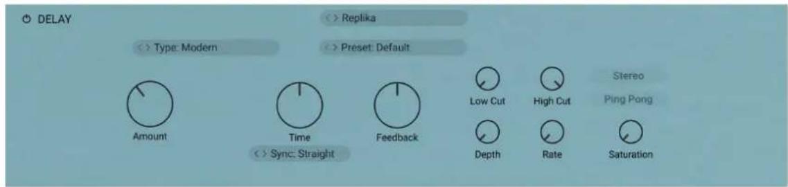 DELAY Type: Modern Preplika Preset: Default Amount Time Feedback Sync: Straight Low Cut High Cut Stereo Ping Pong Depth Rate Saturation