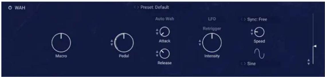 WAH <> Preset: Default Auto Wah Attack Pedal Release LFO Retrigger Intensity <> Sync: Free Speed <> Sine