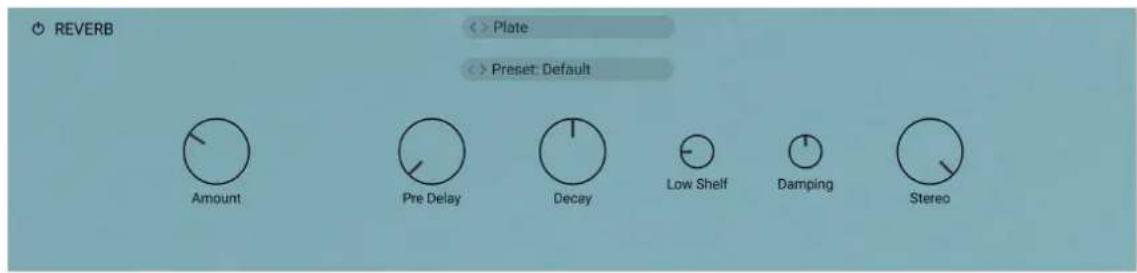 REVERB Plate Preset: Default Amount Pre Delay Decay Low Shelf Damping Stereo