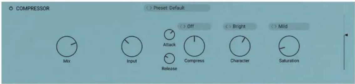 COMPRESSOR < > Preset: Default Mix Input Attack Release Compress < > Off < > Bright Character < > Mild Saturation