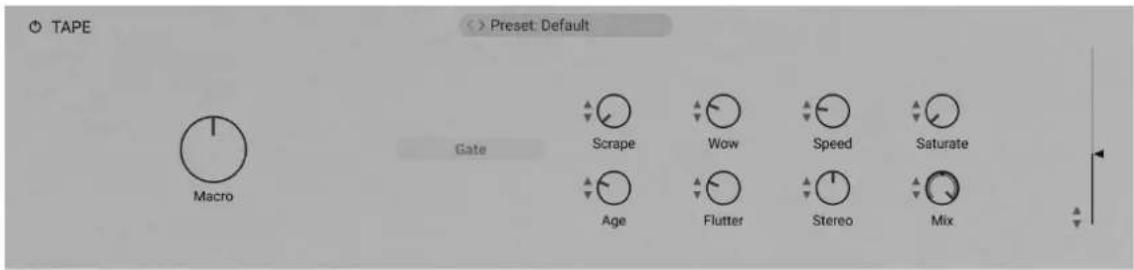 TAPE < > Preset: Default Macro Gate Scrape Wow Speed Saturate Age Flutter Stereo Mix