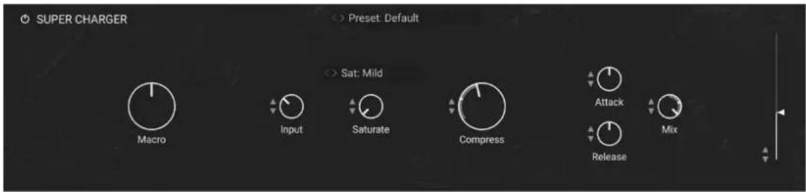 SUPER CHARGER Preset: Default Sat: Mild Macro Input Saturate Compress Attack Release Mix