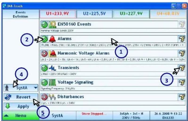 LNA-Touch Events Definition U1=233.9V U2=225.5V U3=227.9V U4=68.83V EN50160 Events Nominal Voltage Levels 230V Alarms 4V,Hz < Freq. (10V) < 80,Hz; 210V < U (10ms) < 250V; 215V < U (1min) < 245V; 215V < U (1min) < 245V; U > PST (10min) < 1 Harmonic Voltage Alarms Uh 2 < 2K; Uh 3 < 5%; Uh 4 < 1%; Uh 5…