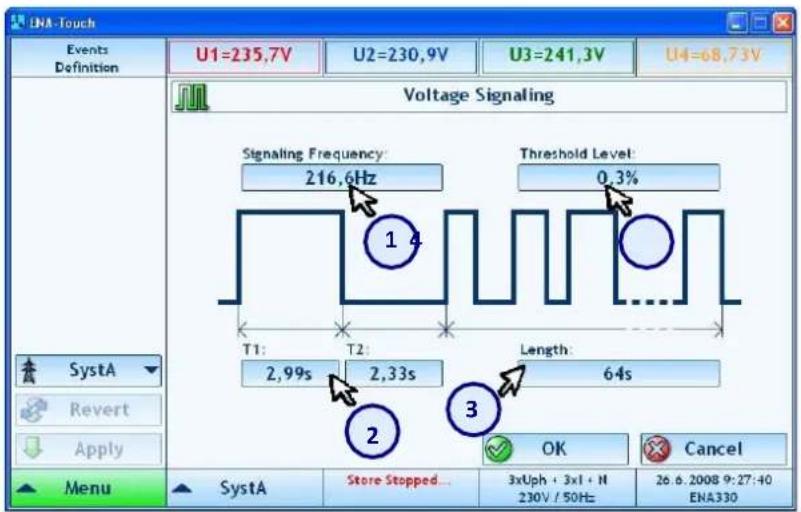 ENA-Touch Events Definition U1=235.7V U2=230.9V U3=241.3V U4=68.73V Voltage Signaling Signaling Frequency: 216.6Hz Threshold Level: 0.3% T1: T2: Length: 2,99s 2,33s 64s Revert Apply Menu SystA Store Stopped... OK Cancel 3xUph + 3xI + N 230V / 50Hz 26.6.2008 9:27:40 ENA330
