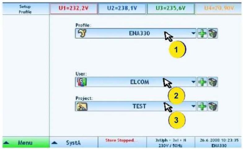 Setup Profile U1=232,2V U2=238,1V U3=235,6V U4=70,90V Profile: ENA330 1 User: ELCOM Project: TEST 2 3 Menu SystA Store Stopped... 3xUph + 3x1 + N 230V / 50Hz 26.6 2008 10:23:35 ENA330