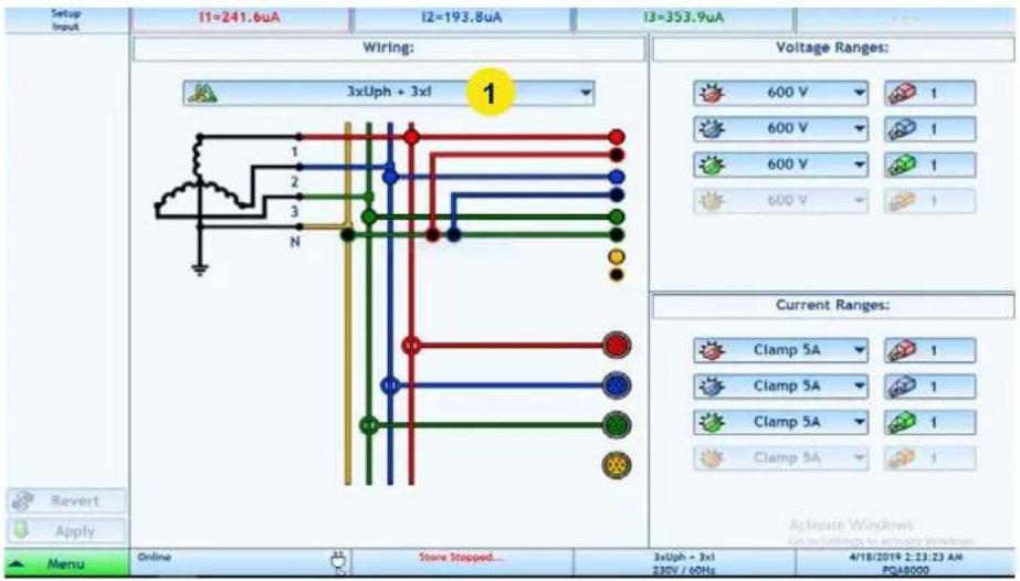 Setup Input 11=241.6uA 12=193.8uA 13=353.9uA Wiring: 3xUph + 3xl Voltage Ranges: 600 V 1 600 V 1 600 V 1 600 V 1 Current Ranges: Clamp 5A 1 Clamp 5A 1 Clamp 5A 1 Clamp 5A 1 Revert Apply Menu Online Store Stopped... 3xUph + 3xl 230V / 60Hz 4/18/2019 2:23:23 AM PQA8000