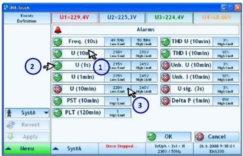 ENA-Touch Events Definition U1=229.4V U2=225.3V U3=224.4V U4=68.00V Alarms Freq. (10s) 49.5Hz Low Limit 50.5Hz High Limit THD U (10min) 3% High Limit U (10m) 210V Low Limit 250V High Limit THD I (10min) 10% High Limit U (1s) 215V Low Limit 245V High Limit Unb. U (10min) 3% High Limit U (1min) 215V L…
