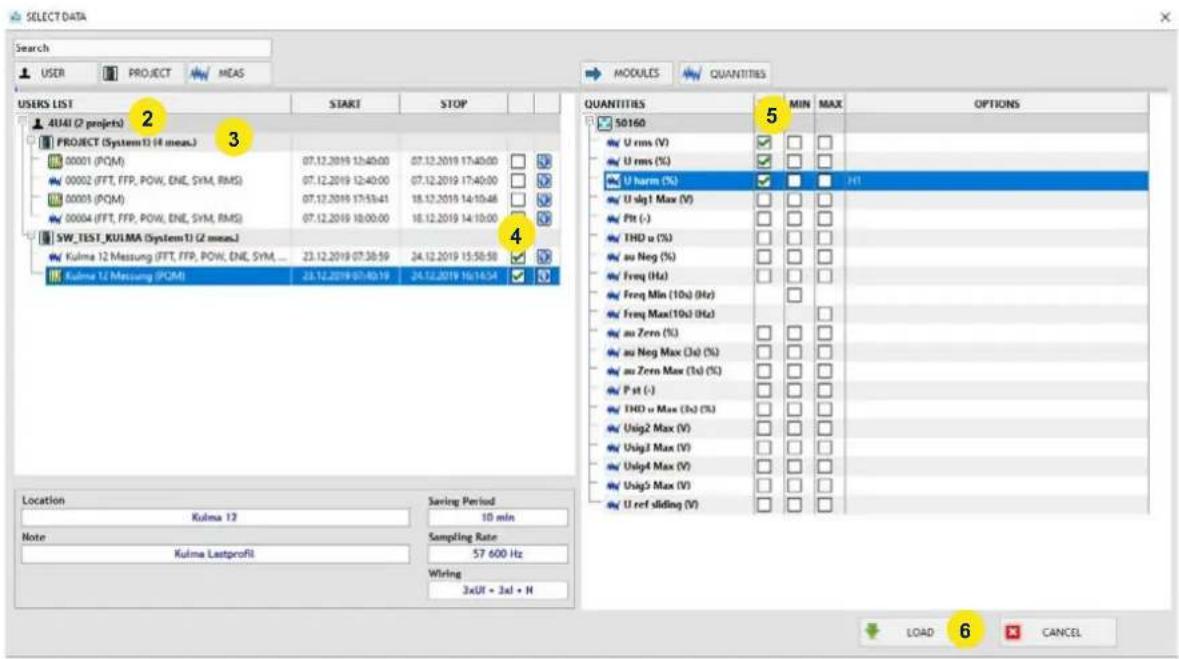 SELECT DATA Search USER PROJECT MEAS USERS LIST START STOP 4U40 (2 projets) 2 PROJECT (System1) (H meas.) 00001 (PQM) 07.12.2019 12:40:00 07.12.2019 17:40:00 00002 (FFT, FFP, POW, ENE, SYM, RMS) 07.12.2019 12:40:00 07.12.2019 17:40:00 00003 (PQM) 07.12.2019 17:53:41 18.12.2019 14:10:48 00004 (FFT, F…